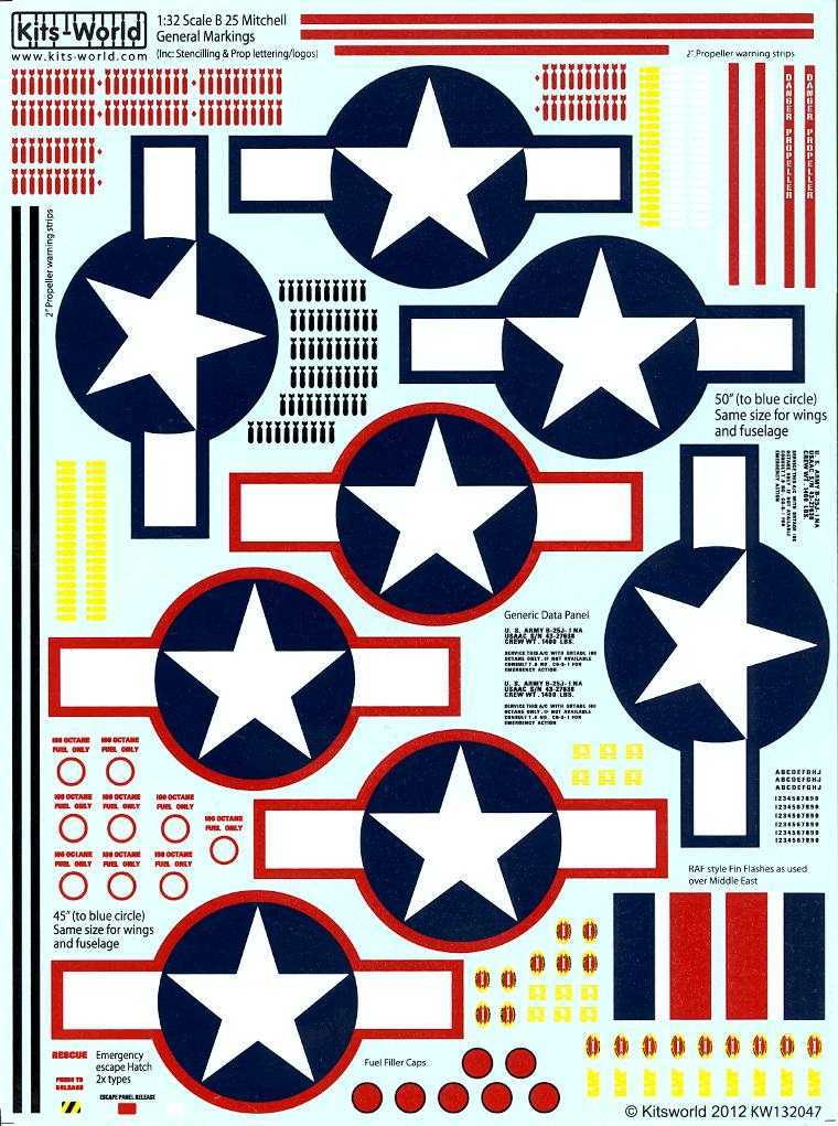 Kits World Decals 1/32 B25 B17 & B26 GENERAL STENCILS & STARS & BARS